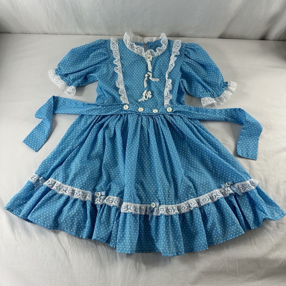 Vintage Circle Frilly Party Twirl Dress Blue Heart Polka Dot Lace Girls Size 8*